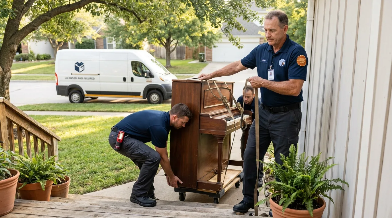 Licensed piano movers securing grand piano in Boca Raton, FL