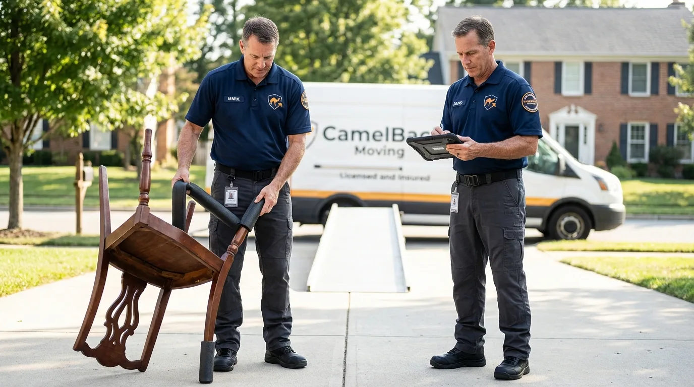 Movers inspecting furniture for damage prevention before loading in Boca Raton, FL