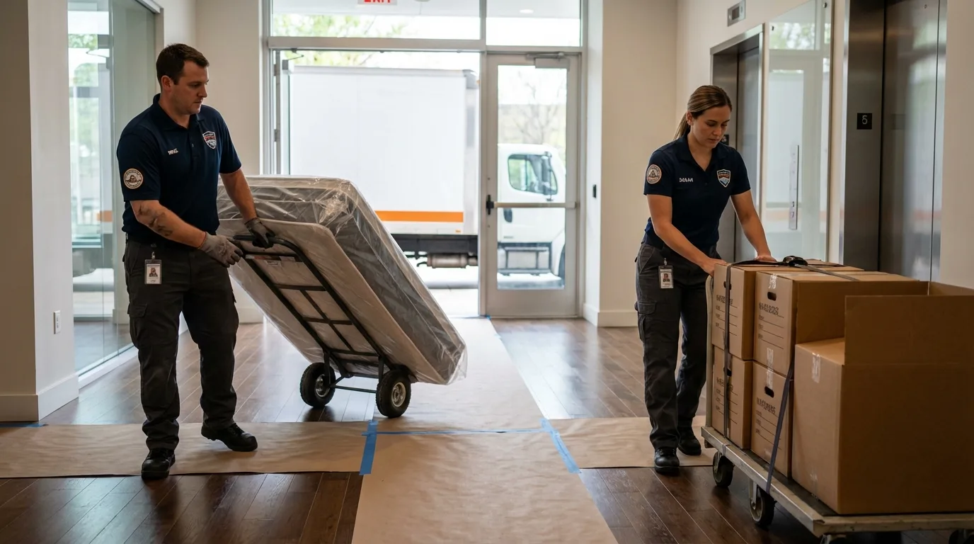 Professional apartment movers loading elevator in Boca Raton, FL